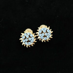 Vintage BSK Blue Rhinestone Gold Tone Faux Pearl Flower Clip-On Earrings